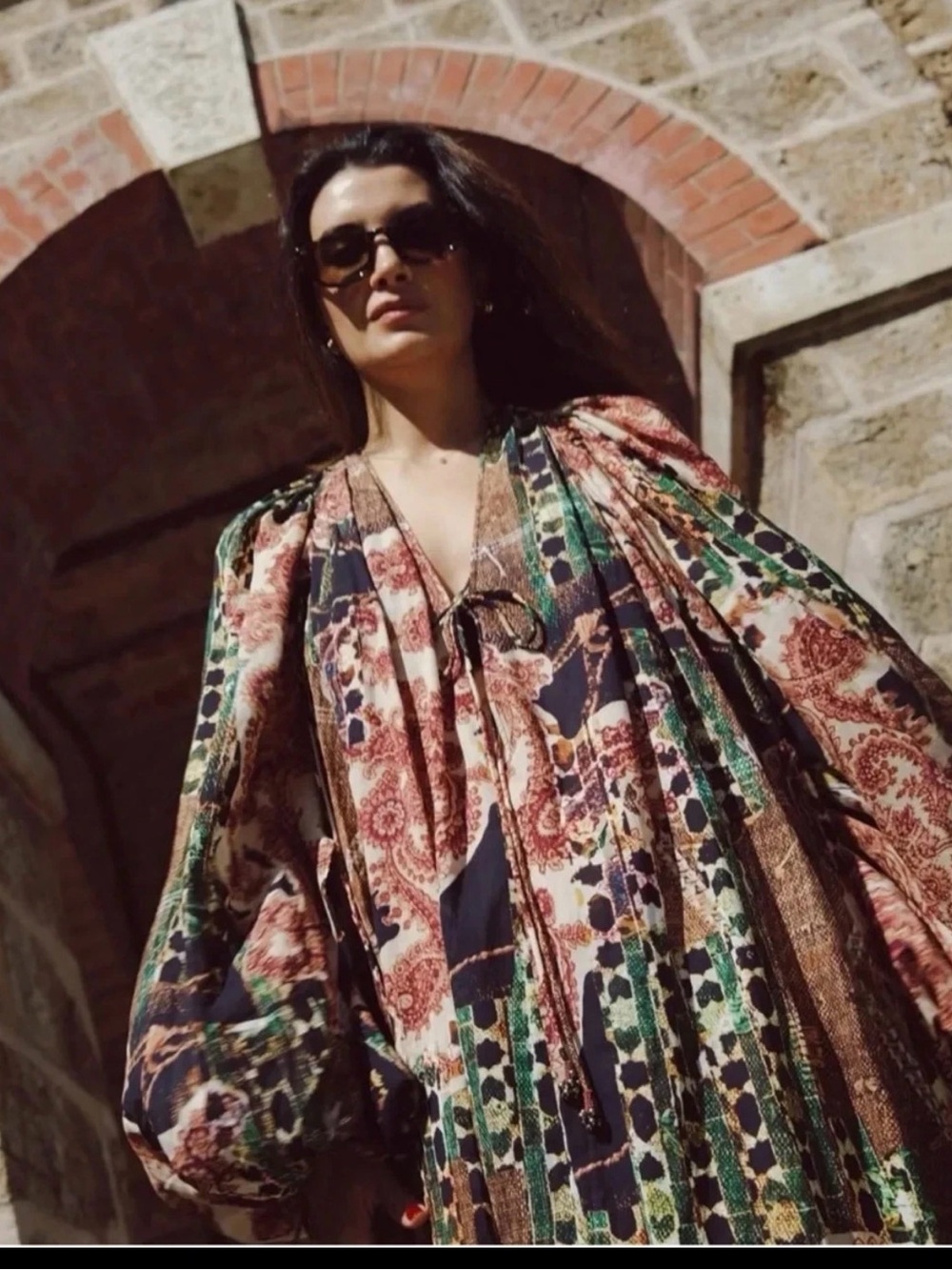 H&M Studio Chiffon Kaftan Dress in Rust, Green & Black
